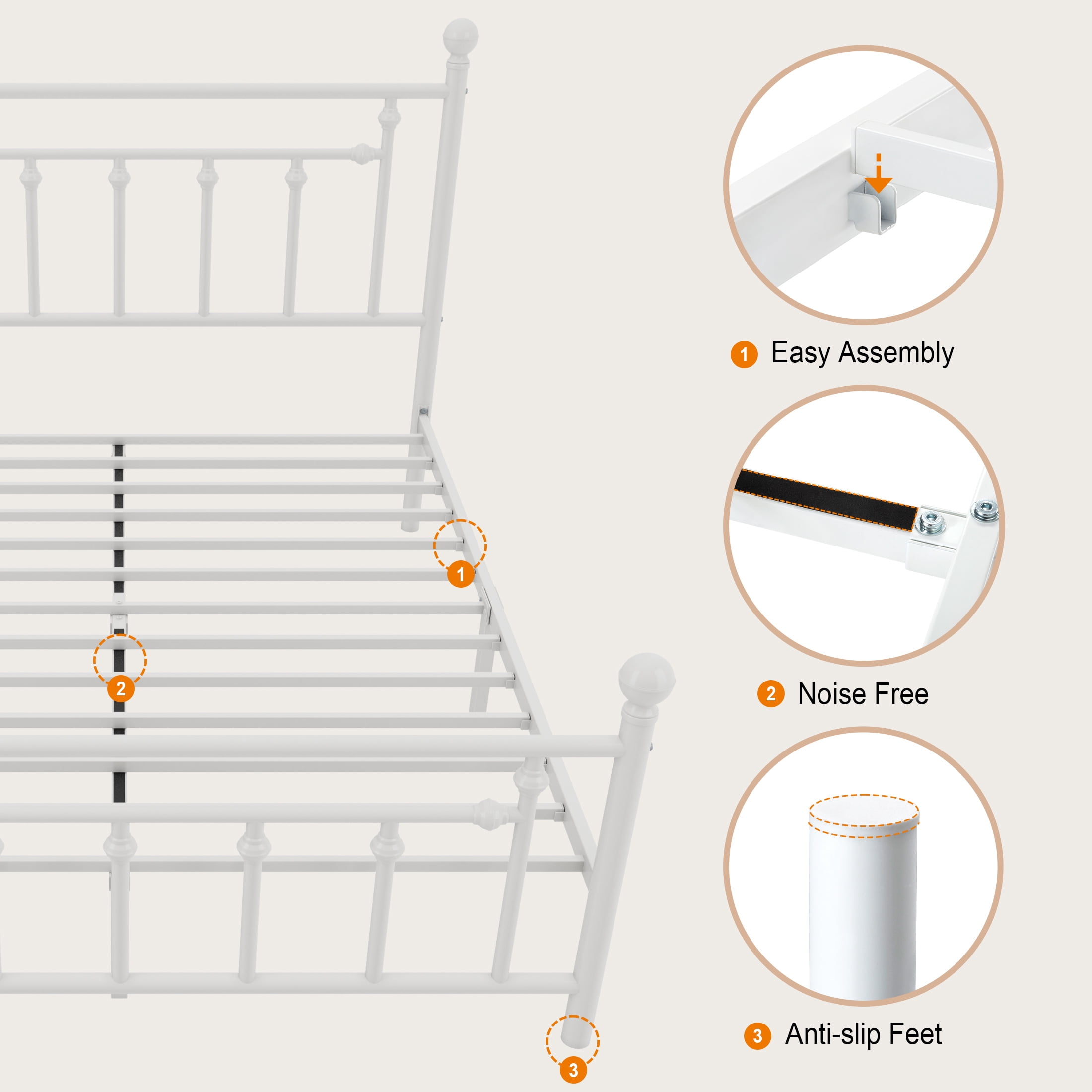 Amolife Full Bed Frame, Metal Platform Bed Frame with Vintage Pattern Headboard, White