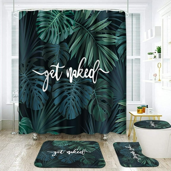 Green Bathroomwith Shower Curtain Sets and Rugs and Accessories, Palm Tree Beach Tropical Get Naked Shower Curtains, Green Bathroom Decor 4 Pcs
