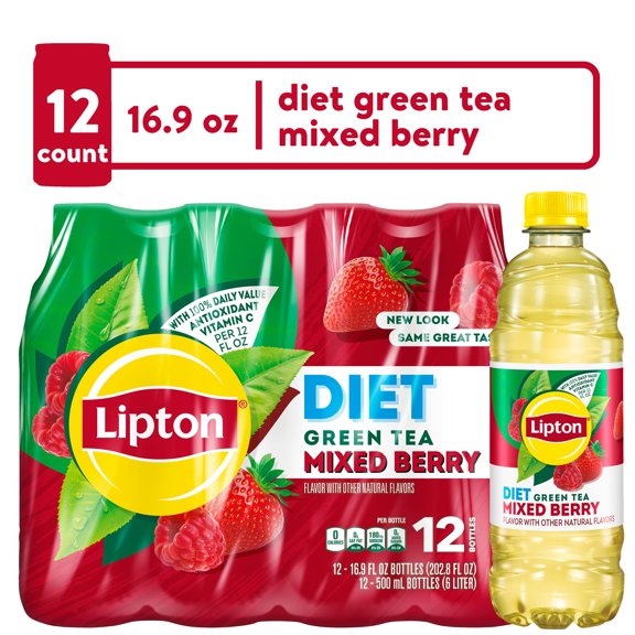 Lipton Diet Green Tea Mixed Berry Iced Tea, Bottled Tea Drink, 16.9 fl oz, 12 Pack Bottles