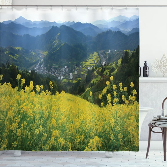 Ambesonne Farm House Shower Curtain, Flower Mountains, 69"Wx84"L, Yellow Green