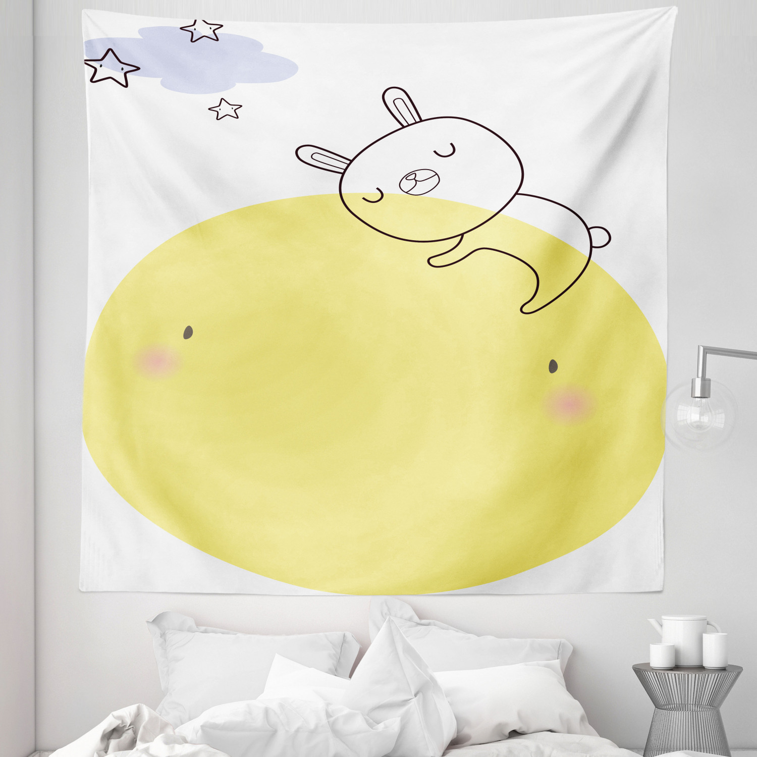 Moon Tapestry, Doodle Style Cartoon Bunny Sleeping on Moon with Stars ...