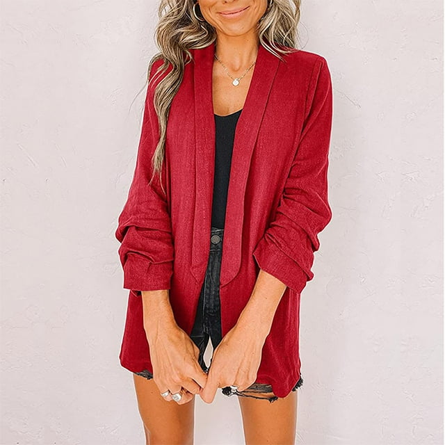 EQWLJWE Blazer en Coton et Lin pour Femme, Veste d'Automne, Complet, Cardigan Ouvert, Manches 3/4, Veste Ajustée, Blazer Court Décontracté pour Bureau