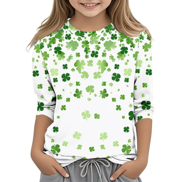 Posijego T-Shirt Filles Garçons Fête de la Saint-Patrick Manches 3/4 Col Rond Graphique Tee Ample Décontracté