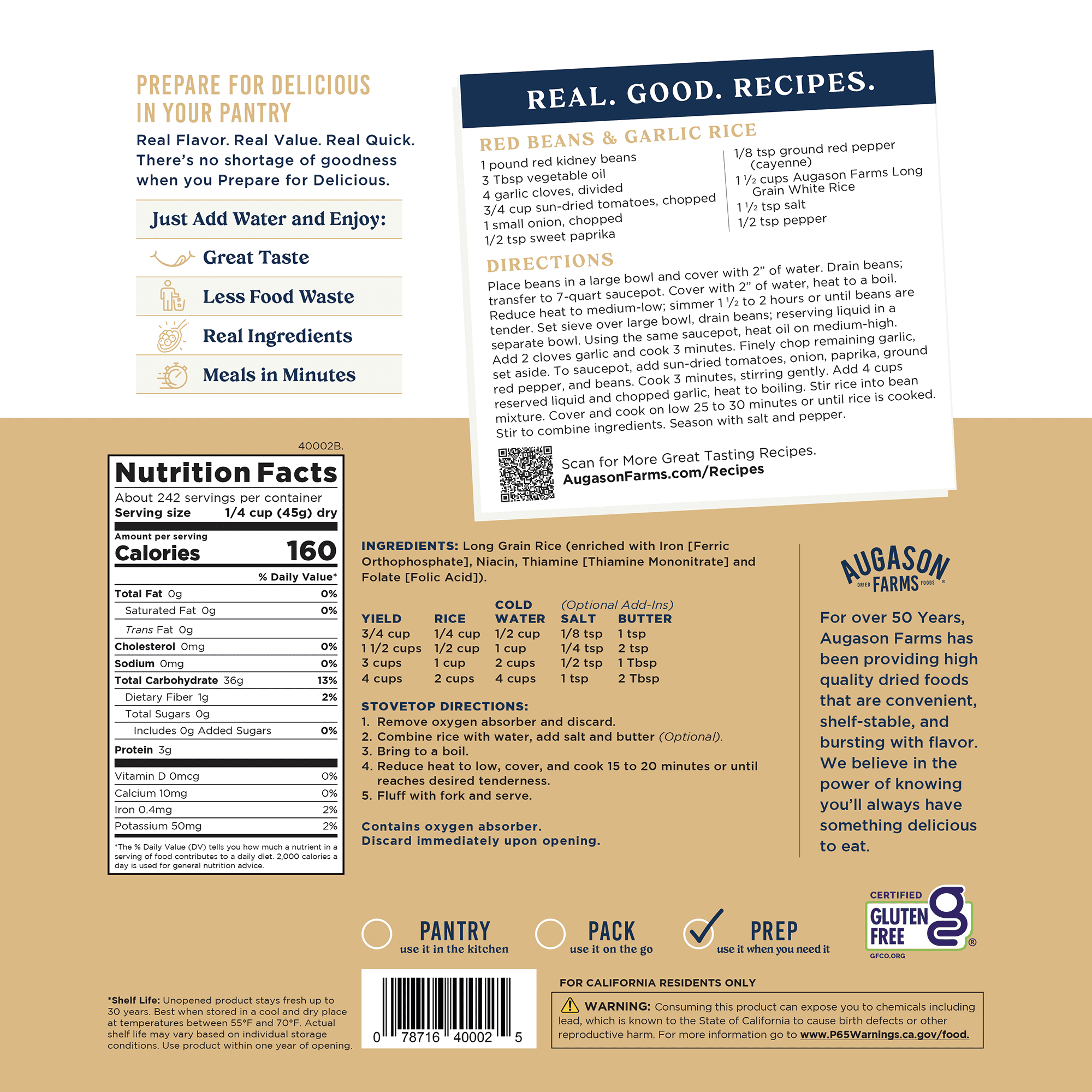Long-Grain White Rice Emergency Food Supply, 242 Servings, 30 Year Shelf Life, Certified Gluten Free Rice - Dehydrated Meals, Survival Food Camping Essentials Bucket