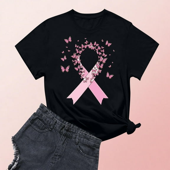 DPTALR George Women's Breast Cancer Awareness T-Shirts,Pink Ribbon,Hope Graphic Tees with multiple styles available,#Black,Size L
