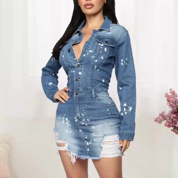 Guieoi Denim Dresses for Women Plus Long-Sleeve Stretch Button-Front Pockets Bodycon Long-Sleeve V-Neck Jean Dress Blue S