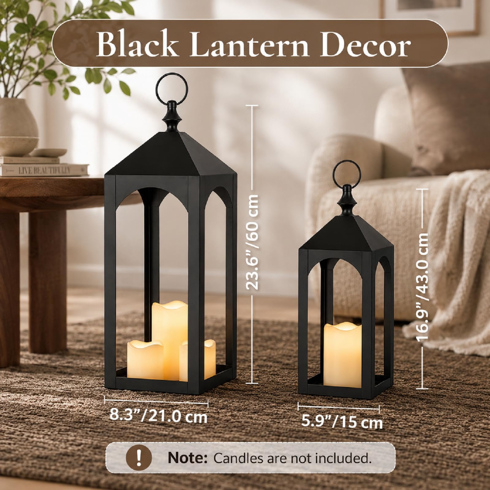 Nuptio Tall Black Lanterns Decorative Indoor for Pillar Candle Holder , Indoor Outdoor Lanterns for Porch & Patio ,17" & 23" Set of 2 ,No Glass M+L (New)