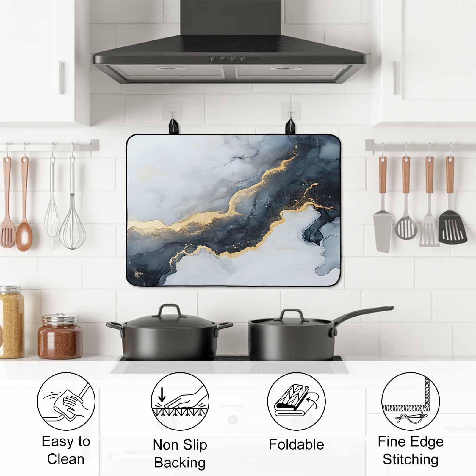 Black Marble Stove Top Cover for Electric Stove, Heat-proof & Non Slip Glass Top Stove Cover Protector, Modern Abstract Art Ink Painted Kitchen Flat Cooktop Rubber Mat 24x21 Inches