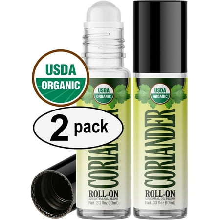 Organic Coriander Roll On Essential Oil Rollerball (2 Pack - USDA Certified Organic) Pre-diluted with Glass Roller Ball for Aromatherapy, Kids, Children, Adults Topical Skin Application - 10ml