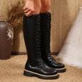 thumbnail image 4 of Women Leather Knee High Combat Boots, Round Toe Front Lace Up Side Zipper Lug Sole Tall Boots, Chunky Boots, 4 of 7