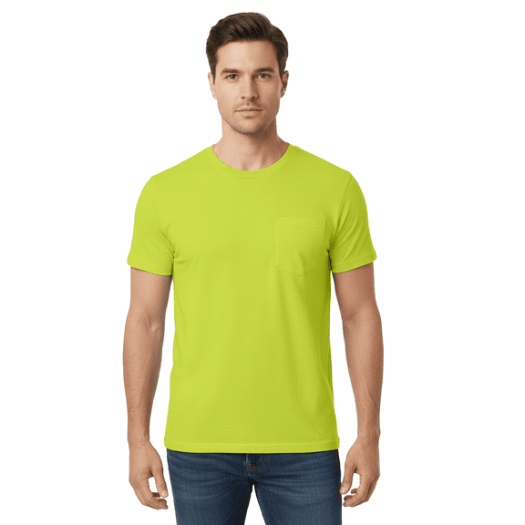 Gildan Ultra Cotton Hi-Vis Pocket T-Shirt, Men's Short Sleeve Workwear Tee, Safety Green, M