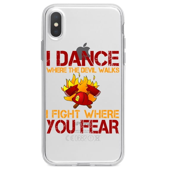 DistinctInk Clear Shockproof Hybrid Case for iPhone X / XS (5.8" Screen) - TPU Bumper Acrylic Back Tempered Glass Screen Protector - Firefighter - I Dance Where the Devil Walks