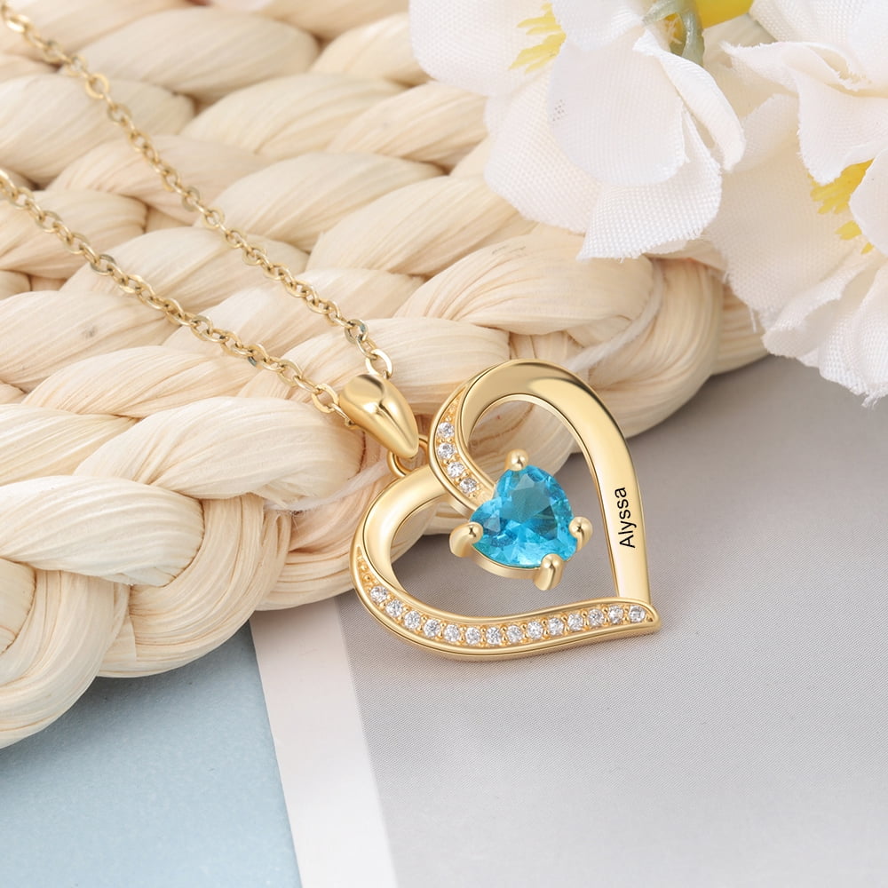 Personalized Planet Women's CZ Heart Engraved Birthstone Necklace