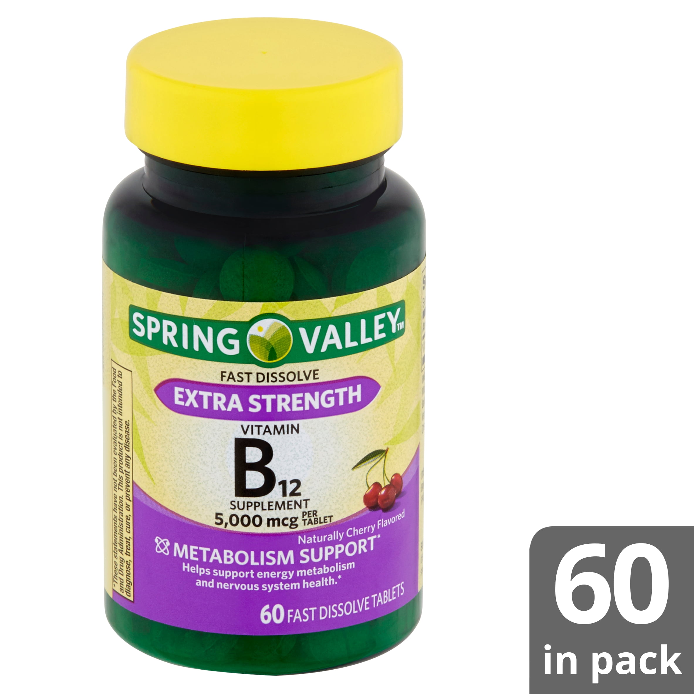 Spring Valley Fast Dissolve Extra Strength Vitamin B12 Dietary Supplement 5 000 Mcg 60 Count Walmart Com Walmart Com