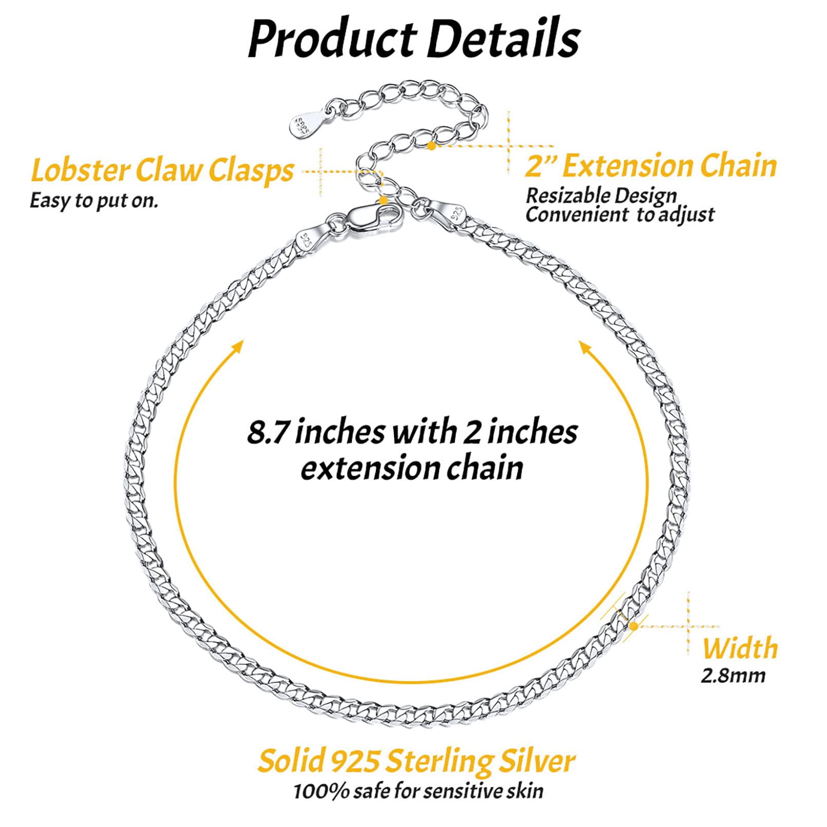 ChicSilver Simple Neutral Style Summer Cuban Chain Sterling Silver Feet Suitable for Daily Leisure, Holiday Parties, Beach Accessories