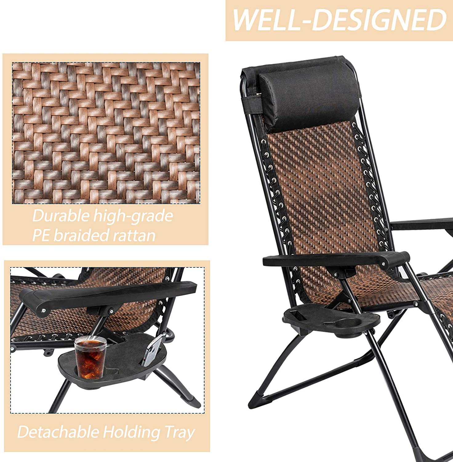 SOLAURA Outdoor Zero Gravity Lounge Chair Patio Adjustable Folding Wicker Recliner - Brown - image 3 of 6