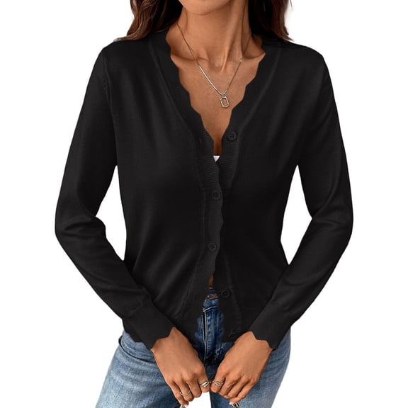 SWSMCLT Women's Casual Cardigan Comfy Jagged Elastic Cuffs Curvy Autumn Breathable Cardigan Sweaters Black X-Large