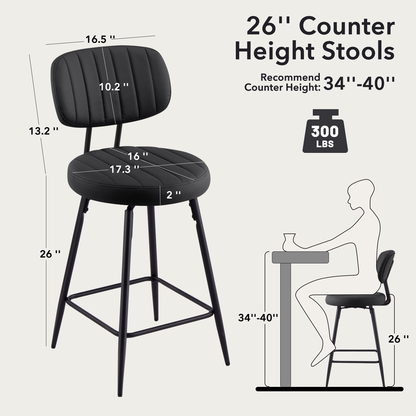 Furniliving 26" Modern Bar Stools Set of 2, Upholstered Swivel Counter Height Barstools with Back and Footrest, Adjustable Faux leather Barstool for Kitchen Island,Dining Room.Black