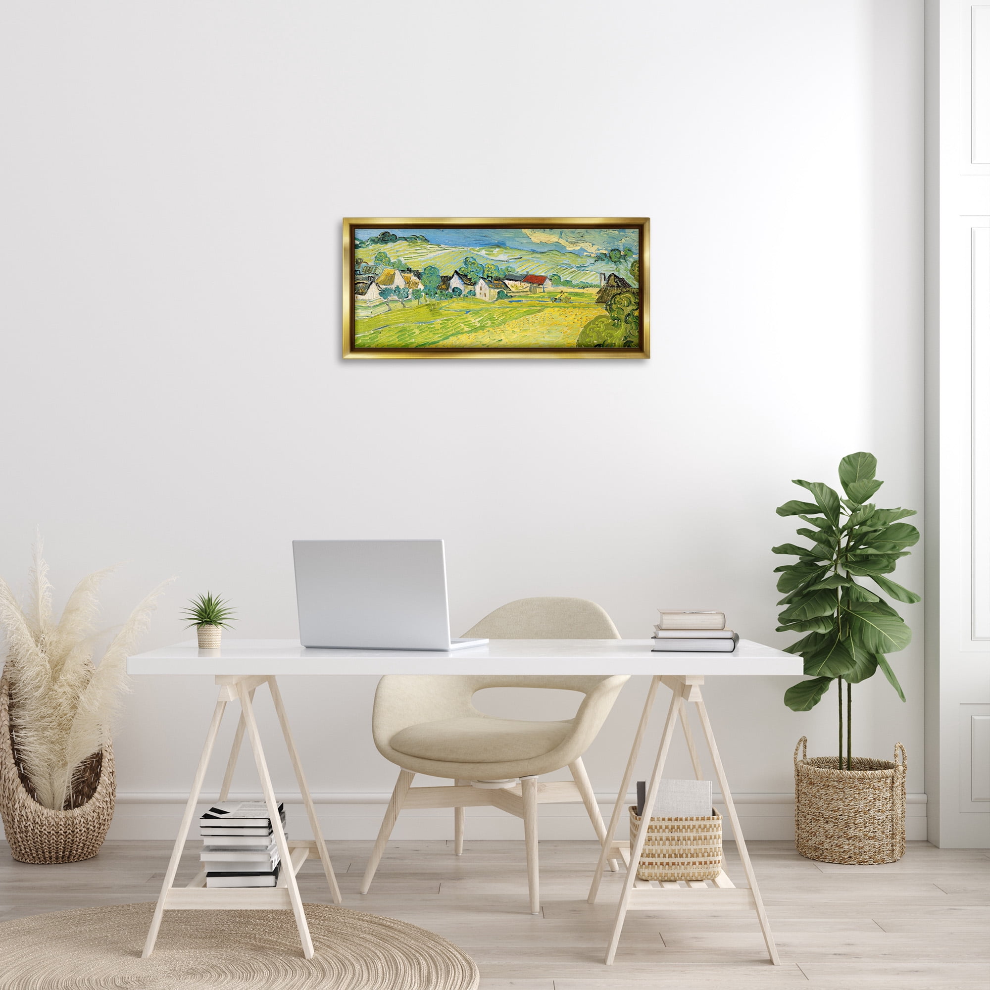 Stupell Industries Van Gogh Sunny View Painting Landscape Painting Gold Floater Framed Canvas Art Print Wall Art, 31 x 14