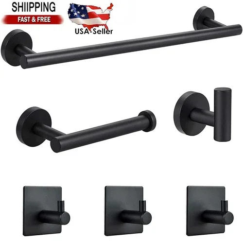 Bathroom Accessories Set 6 Pcs Toilet Paper Holder Towel Bar Hooks Matte Black
