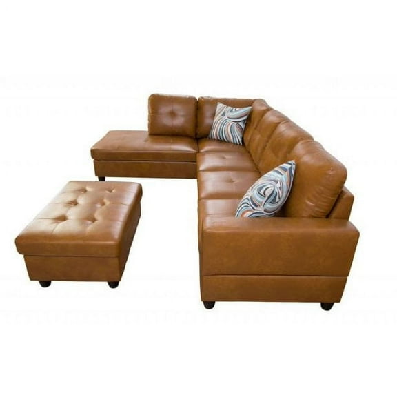 PonLiving 103.50" Wide Ginger Faux Leather Sectional with Ottoman Left Hand Facing