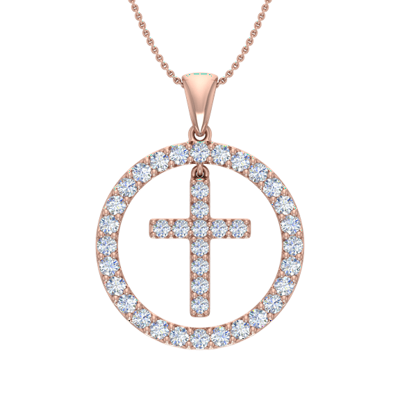 3/4 Carat Diamond Cross Pendant Necklace in 14K Rose Gold (Silver Cable Chain)