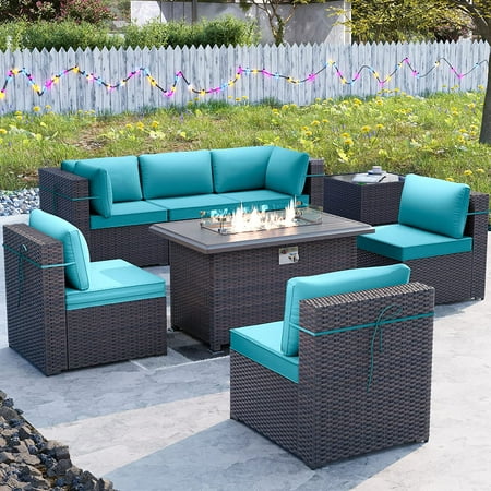ALAULM 8 Pieces Outdoor Furniture Set with 43 Gas Propane Fire Pit Table PE Wicker Rattan Sectional Sofa Patio Conversation Sets Blue