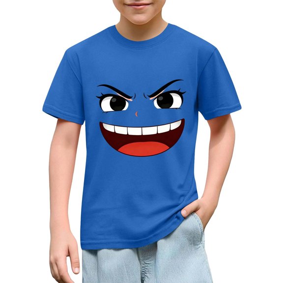 Solid Color Short Sleeve Graphic Tee for Kids with Cute Expression Print, Loose Fit and Comfortable Fabric for School and Play