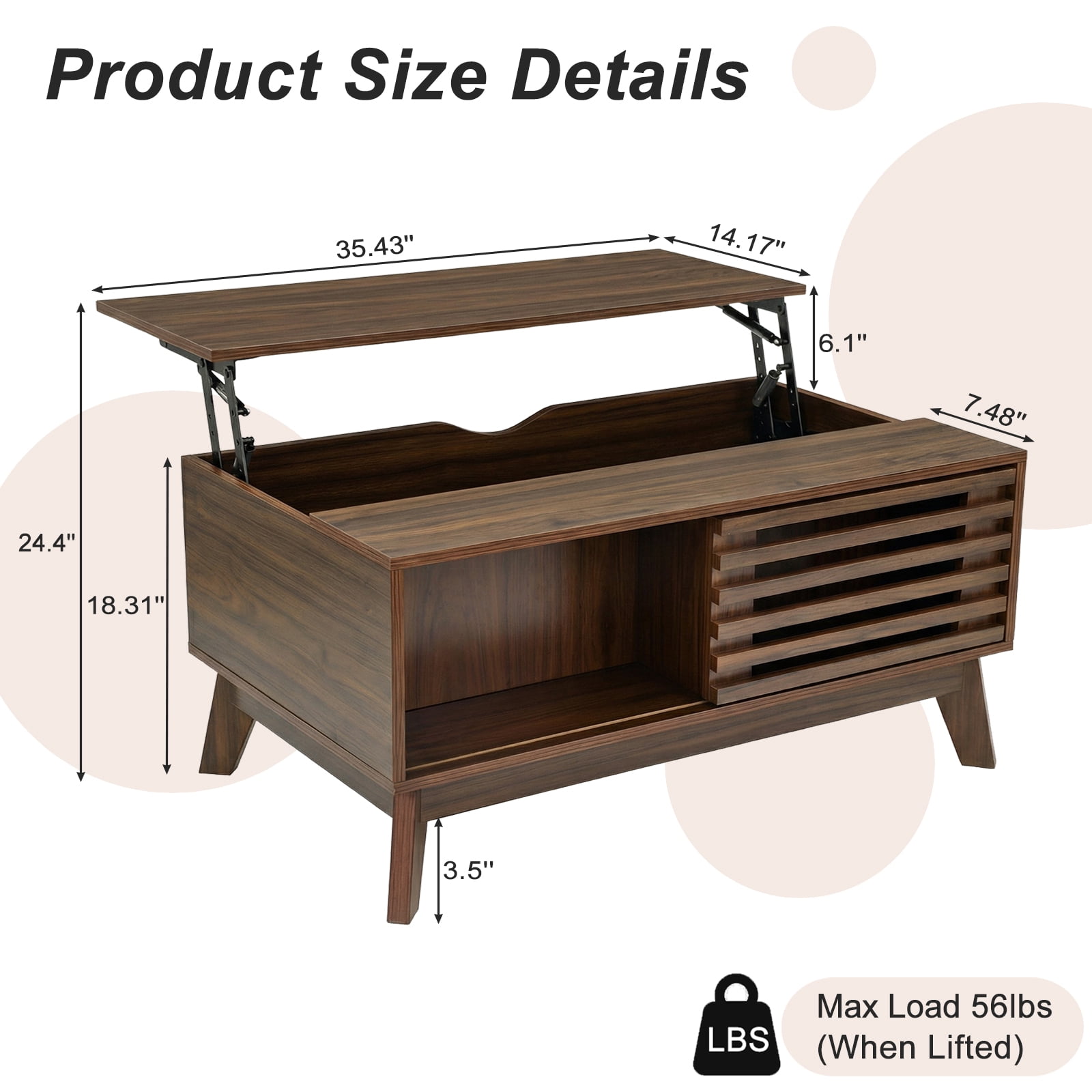 Leumius 35.4" Modern Lift-Top Coffee Table with Storage & Slatted Sliding Door, Mid-Century Center Table Dining Table with Hidden Compartment,Walnut