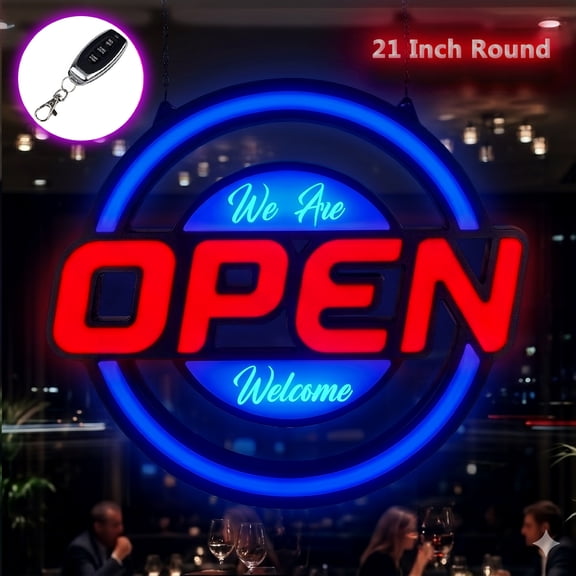 Large Open Sign for Stores - Round Ultra Bright LED Open Neon Sign for Business w/ Key Fob Remote Control - Animated Flashing LED Open Signs, Shop Light ( 21" x 19" Circle, Red & Blue )