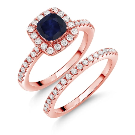 Gem Stone King 18K Rose Gold Plated Silver Cushion Blue Sapphire and Moissanite Women Wedding Engagement Ring Band Bridal Set (1.82 Cttw Available in Size 5 6 7 8 9)