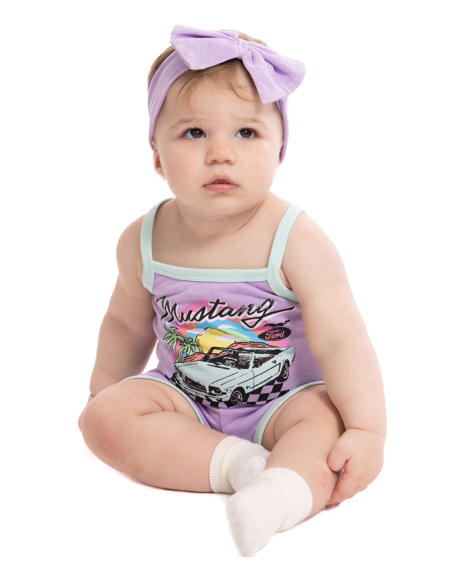 Mustang Baby Girls Sleeveless Graphic Romper with Matching Bow Headband, Sizes 0/3M-24M