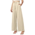 thumbnail image 1 of Ladies Casual Pants High Waisted Drawstring Linen Wide Leg Beach Pants With Pockets Pure Color Women Wide Leg Pants Beige M, 1 of 4