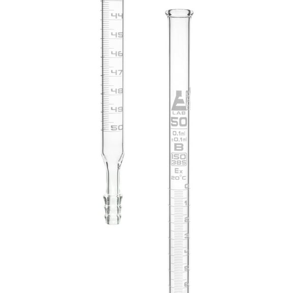 Burette, 50mL - Class B - No Stopcock - Ribbed Outlet - White Graduations - Borosilicate Glass - Eisco Labs