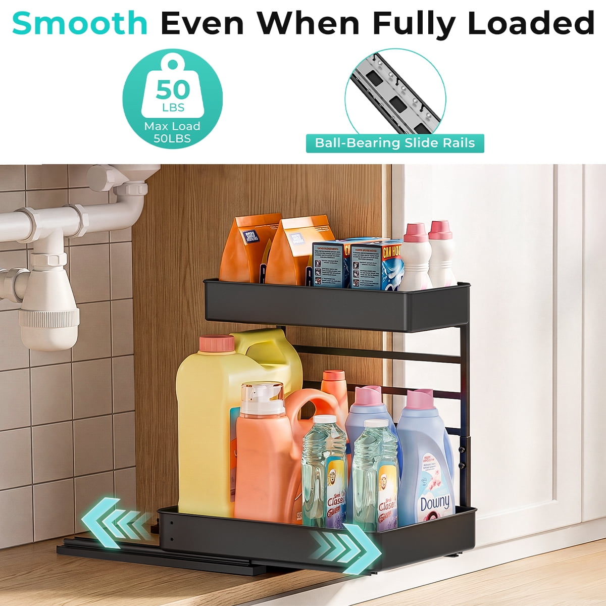 Everie Adjustable 2-Tier Pull Out Under Sink Organizer Heavy Duty Metal Slide Shelf for Kitchen Bathroom Cabinet 16" Deep 2-Pack Black