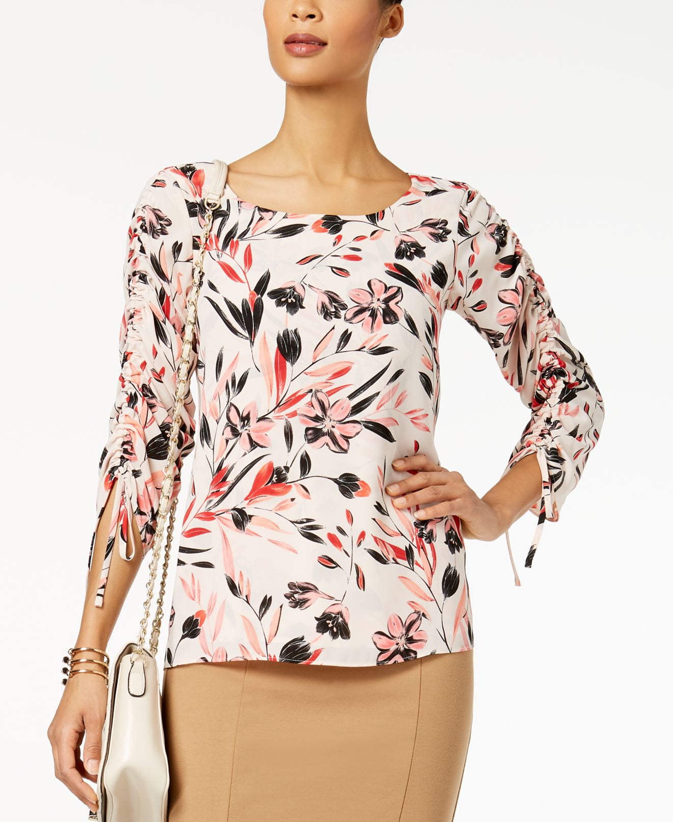 Alfani Alfani Women S Large Floral Print Ruched Sleeve Blouse