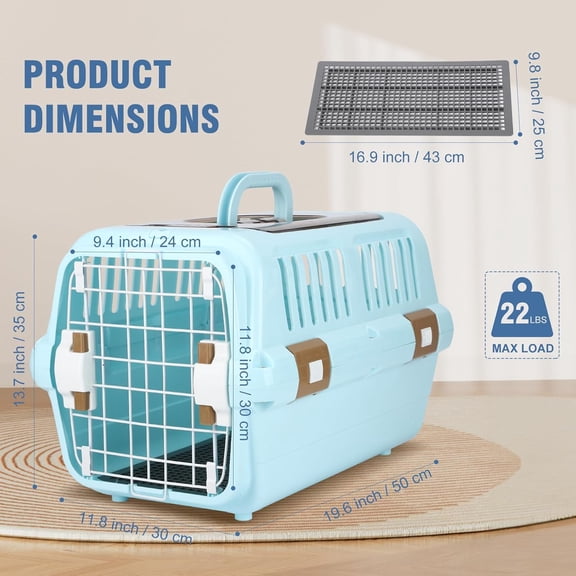 Hard-Sided Plastic Dog and Cat Kennel, Two-Door Pet Carrier, Plastic Wire Door, Top or Front Loading, Pets up to 22LBS, Fully Breathable