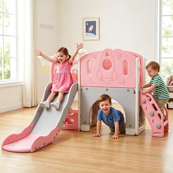 Zimeng 6 in 1 Toddler Slide, Pink Rocket Series Sturdy Kid Slide Outdoor Indoor Playset Slide Baby Climber Playset for Kids Age 1-4 Toy Playground