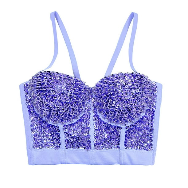 Lovskoo Women's Sparkling Sequins Bustier Crop Top Mesh