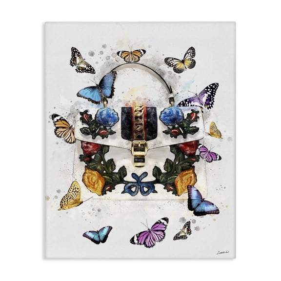 Stupell Industries Contemporary Fashion Buckle Purse Butterflies and Florals Canvas Art, 16 x 20, by Ziwei Li