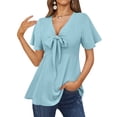 thumbnail image 2 of hopeusnice Women's Flare Hem Flowy Shirts Trendy Casual Loose Cut out Cold Shoulder Short Sleeve Plus Size Blouse Fashion Solid Color Tunic Summer Tops Zipper V Neck T-Shirts for Woman, 2 of 6