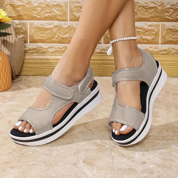 Hopeusnice Sandals for Women Open Toe Sandals Breathable Non-Slip Cloth Materials Summer Shoes Soft Thick-Soled Platform Heel Women's Sandals Trendy Outdoor Shoes Khaki 41