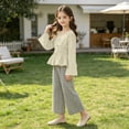 thumbnail image 5 of SGFCWSX Girls 2 Piece Outfits Bell Sleeve V Neck Peplum Tops Striped Wide Leg Pants Casual Clothes Set Beige Size 11, 5 of 9