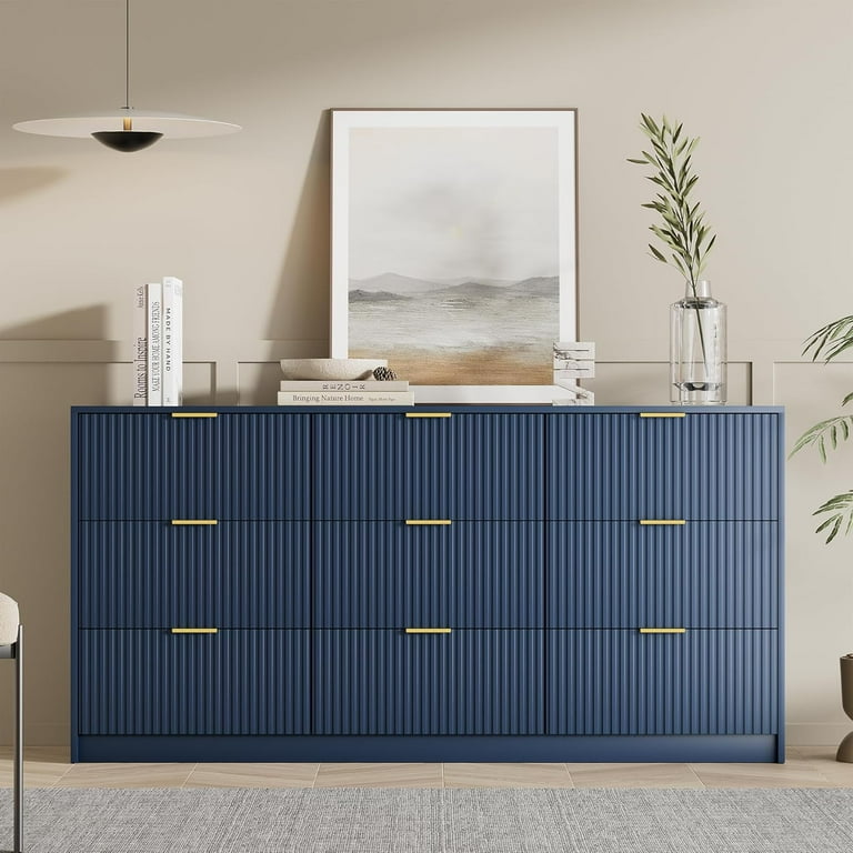 FURNIWAY Blue 9 Drawer Dresser Fluted Modern Wide Chest Gold