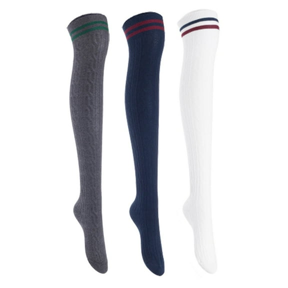 Lian Lifestyle Women's 3 Pairs Incredible Durable Super Soft Unique Over Knee High Thigh High Cotton Socks, Size US 6-9, JMYP1023 Dark Grey,Navy,White