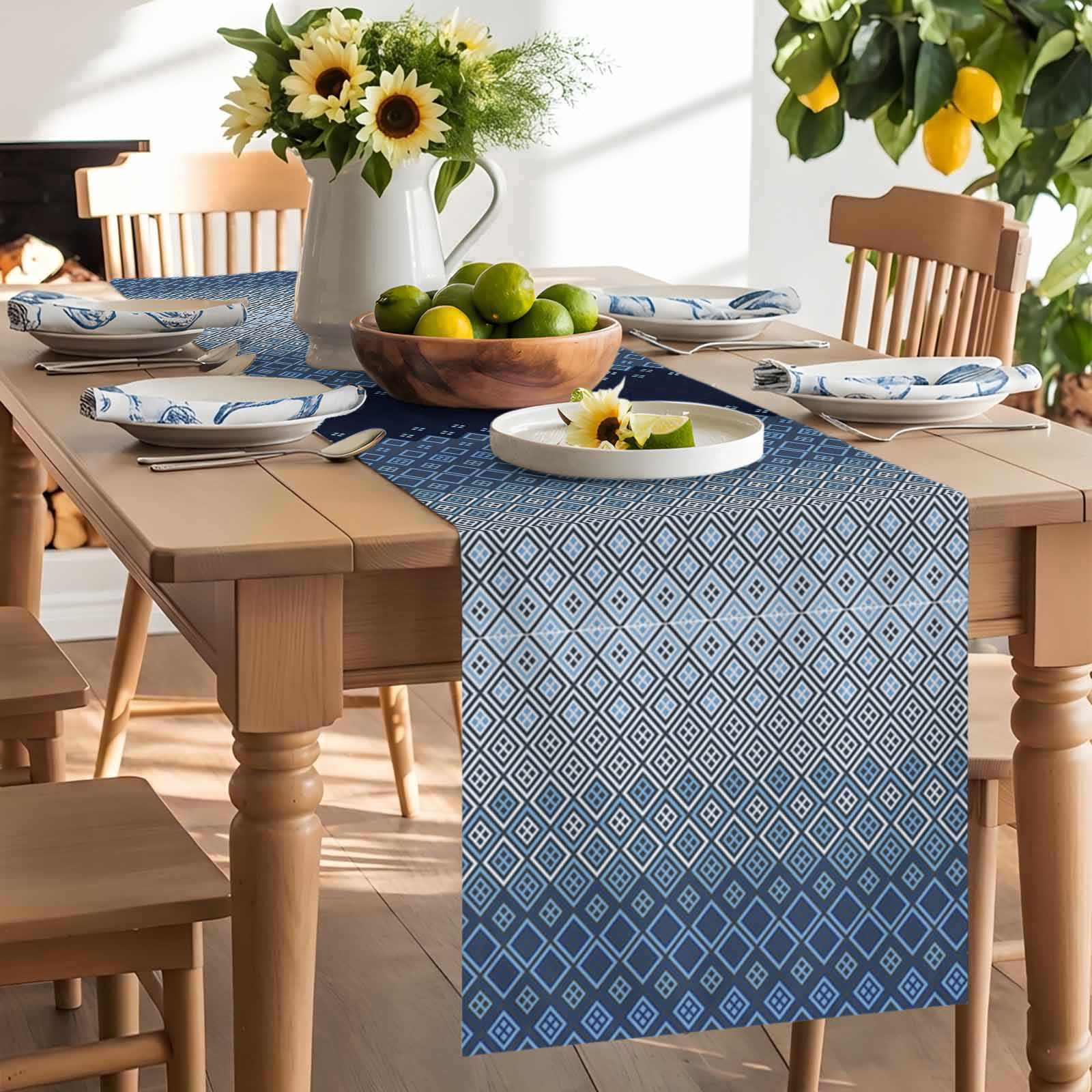Geometric Art Diamond Checker Table Runner 90 Inches Long, Modern Blue Ombre Gradient Table Runners Tabletop Scarf Kitchen Dining Tables Decoration for Home Party Indoor Outdoor