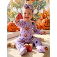 thumbnail image 4 of RUINIXCW Newborn Baby Girls Halloween Outfit Fall Winter Footed Romper Clothes Pumpkin Ghost Print Ruffled Zipper Footie Jumpsuits Headband Set, 4 of 9