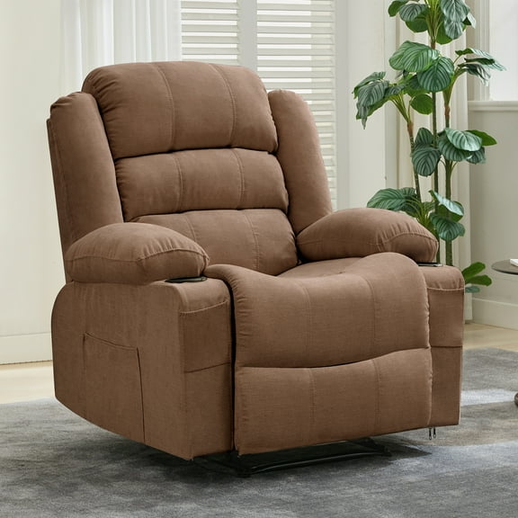 Recliner Chair for Adults Overstuffed Fabric Manual Pull Tab Recliner with Cup Holders, Side Pocket, 3-Position Recline, Minimalist Style Single Sofa Chair for Living Room Bedroom