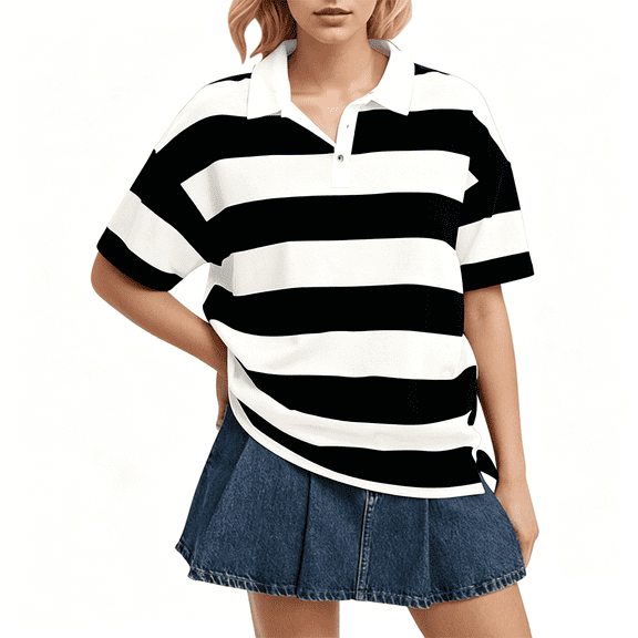 Henley Shirts for Women Elbow Sleeve Striped Polo Shirts Causal Loose Lapel Summer Pullover Tops, S