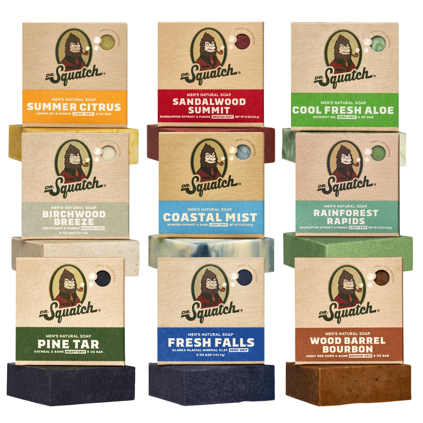 Dr. Squatch Bar Soap for Men - Cold Process, No Harsh Chemicals - Fresh Falls, Wood Barrel Bourbon, Birchwood Breeze, Cool Fresh Aloe, and more (5 oz, 9 Pack)